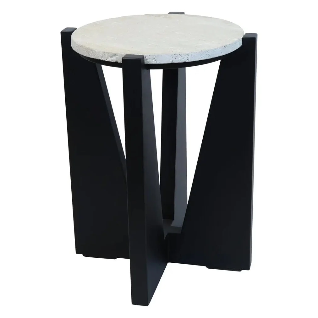 Wenton Travertine Top Side Table with Black Acacia Wood Frame - Image 3
