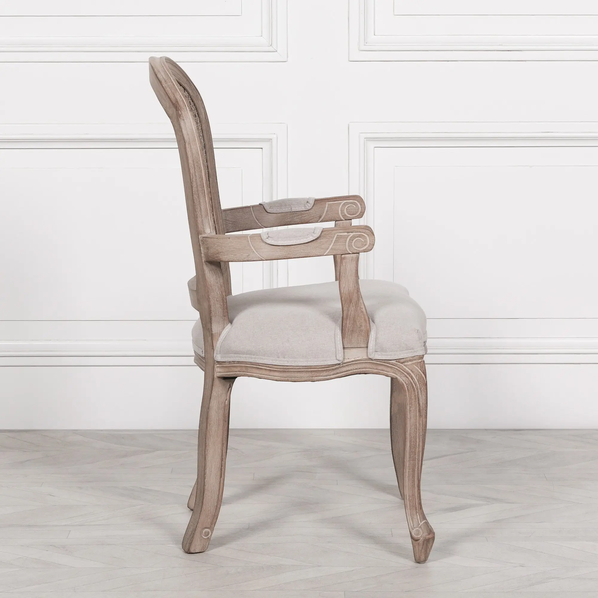 Wooden Carver Louis Upholstered Dining Armchair – Classic French Style with Linen Seat - Image 3